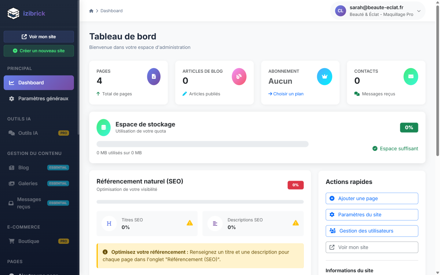 Le tableau de bord d'administration izibrick